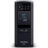 Front-facing view of the black CyberPower 1000VA UPS showing the control buttons, tilting multi-color LCD screen displaying 120V input, front USB and USB-C charging ports, and brand logo.