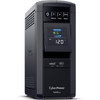 Angled left-side view of the CyberPower CP1000PFCLCD mini-tower UPS displaying ventilation grilles and the front control interface.