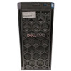 Front-facing view of the black Dell PowerEdge T140 tower server featuring a geometric hexagonal mesh front panel, a central Dell EMC logo badge, optical drive bay, and top-mounted power button, USB ports, and status tag.