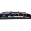 Close-up of the bottom I/O connection panel on the Oracle MICROS POS terminal showing the extensive array of ports including COM, USB, Ethernet, cash drawer (CD) jacks, and display connections.