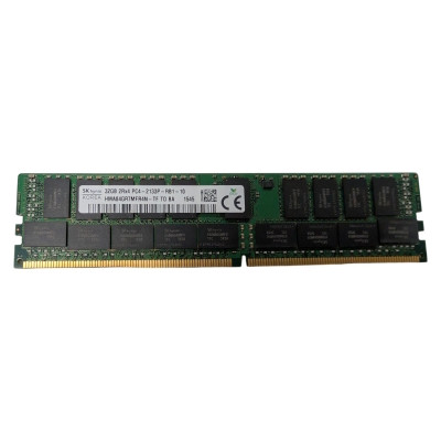 A horizontal photograph of the front side of an SK hynix 32GB server RAM stick against a solid white background. The green printed circuit board (PCB) is populated with black rectangular memory chips and a central white identification label.