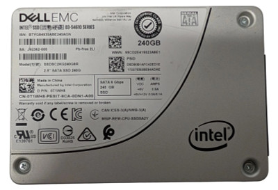 A top-down, close-up shot of a silver 2.5-inch Dell EMC enterprise-class SATA solid-state drive (SSD). The drive features an official "Enterprise Class" seal and an Intel logo in the bottom-right corner. A white label on the left side displays technical specifications, including the model number SSDSC2KG240G8R, a capacity of 240GB, and a SATA 6 Gbps interface. Various regulatory symbols, barcodes, and a QR code are visible across the label.