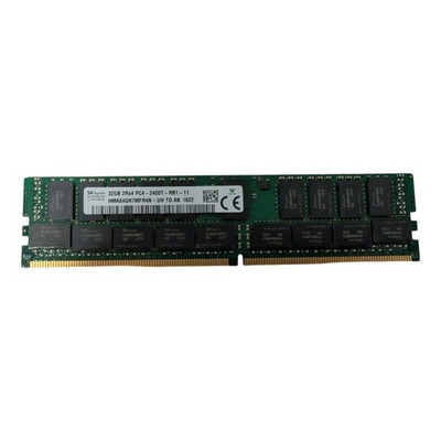 A horizontal, top-down view of an SK hynix 32GB DDR4 server RAM stick. The green circuit board is populated with several black memory chips and a white technical label on the left side. The label identifies the module as 32GB 2Rx4 PC4-2400T with the model number HMA84GR7MFR4N. A row of gold-plated connection pins runs along the bottom edge, featuring a structural notch slightly off-center.