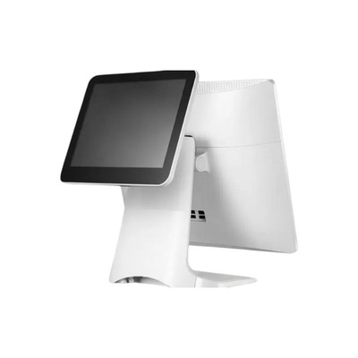 A professional product photo of a POSBANK APEXA Point of Sale (POS) system in white. The device features a dual-monitor setup: a larger primary touchscreen facing the operator and a smaller secondary customer-facing display mounted on the back. Both screens have sleek black bezels, and the entire unit is supported by a modern, curved white pedestal stand.