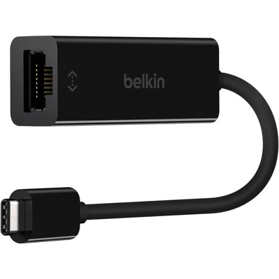 A black Belkin USB-C to Gigabit Ethernet adapter shown against a plain white background. The device consists of a small rectangular hub with an Ethernet (RJ45) port on one end, featuring the Belkin logo and a small connectivity icon on its matte surface. A short, flexible black cable extends from the hub and curves around to a USB-C connector.