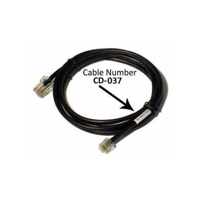 The image shows a coiled APG CD-037 MultiPro interface cable against a plain white background. The cable is approximately 3 meters long, black, and bundled in a circular loop with a small plastic tie. At each end of the cable is a clear RJ12 modular plug. A large black arrow points to a small white adhesive label wrapped around the cable that displays the text "APG Cable No. CD-037." Overlaying the center of the image is large black text that reads "Cable Number CD-037."