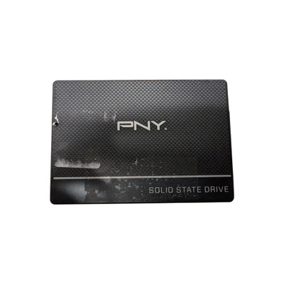 A top-down, straight-on shot of a 2.5-inch PNY Solid State Drive (SSD) on a white background. The drive features a black and gray carbon fiber pattern on its top surface, with the silver PNY logo centered in the middle. A thin silver horizontal line separates the patterned section from a solid black bar at the bottom that contains the text "SOLID STATE DRIVE" in silver capital letters.