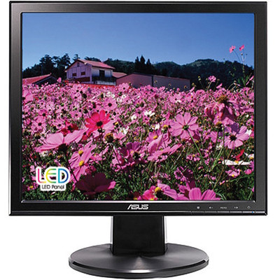 A front-facing view of an ASUS VB178T 17-inch LED monitor with a traditional 5:4 aspect ratio.

The image showcases the following features:

Display: The screen displays a vibrant, colorful landscape photo of a field of pink flowers with houses and green hills in the background. A "LED Panel" logo is visible in the lower-left corner of the screen.

Bezel and Branding: The monitor has a matte black frame with a silver ASUS logo centered on the bottom bezel.

Controls: Physical control buttons and a power indicator light are located on the right side of the bottom bezel.

Stand: The display is supported by a thick black neck attached to a circular, slightly tapered desktop base with a textured finish.