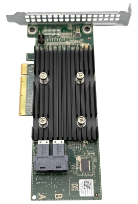 A top-down, vertical view of a Dell PERC H330 RAID controller card against a white background. The device is a green rectangular circuit board equipped with a large black heatsink and a silver metal mounting bracket at the top.

Key Visual Components:
Thermal Management: A prominent black aluminum heatsink with vertical fins covers the center of the board, held in place by four silver spring-loaded Phillips-head screws.

Connectivity: * On the left side, a gold-plated PCIe x8 interface connector is visible.

At the bottom, there are two black internal Mini-SAS HD (SFF-8643) ports labeled with "Amphenol."

Markings and Identification: * A white sticker at the bottom right features a QR code and identifies the part as DP/N 075D1H.

Large white letters "A" and "B" are printed near the bottom corners of the PCB.

Technical silk-screening on the board includes model UCSA-901, REV A00, and regulatory logos like the KC mark.

Hardware: The top silver bracket features a grid of square ventilation holes and two circular screw holes for securing the card to a server chassis.