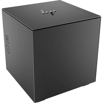 A close-up, angled view of the HP Engage thermal receipt printer in ebony black. This perspective shows the left side and front of the cube-shaped device, revealing two small, square functional buttons (a paper feed and a power/status button) located on the side panel. The metallic HP logo is visible on the flat top surface, and the printer is shown against a plain white background.