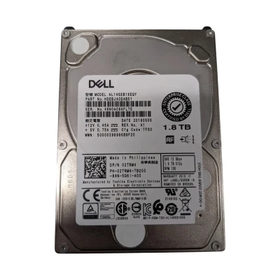 A top-down, full-frame studio shot of the front of a Dell 1.8TB 10K SAS 2.5-inch SFF Enterprise Hard Disk Drive. The drive features a silver metallic casing with a large white information label covering the majority of the top surface.

Key Information on Label:

Branding: A bold black Dell logo is at the top left, with an "Enterprise Class Certified by Dell" seal on the right.

Model & Part Numbers: Model AL14SEB18EQY, Dell Part Number (DP/N) 02TRM4, and Model Number HDEBJ40DAB51.

Specifications: Capacity is listed as 1.8 TB. Other specs include SAS 12 Gbps, 10K RPM, and 512e sector format.

Manufacturing Details: Manufactured by Toshiba Electronic Devices & Storage Corporation in the Philippines. The manufacture date is 2018-05-08.

Power Rating: +12V 0.45A and +5V 0.75A.

Regulatory Logos: The bottom of the label contains numerous certification symbols, including CE, UL, TUV Rheinland, and RCM.