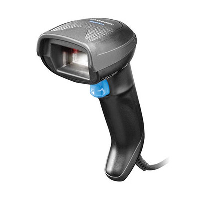 Three-quarter front perspective view of a black Datalogic Gryphon GD4520 handheld barcode scanner showing the illuminated scanning window against a white background. The rectangular clear glass aperture is brightly lit from within by white illumination, revealing a faint red internal aiming element. A prominent, bright blue trigger switch is positioned on the inner curve of the contoured, ergonomic handle. The top of the scanner head features a textured grey plate with the "DATALOGIC Gryphon" branding, and a black cable with a flexible ribbed strain relief guard exits the bottom base of the handle.