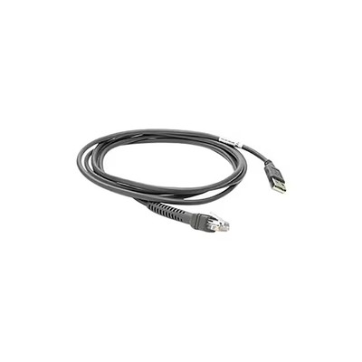 An angled studio shot against a solid white background shows a dark gray, straight barcode scanner cable loosely coiled into an oval shape. In the foreground, the lower end of the cable terminates in a clear, modular RJ45-style connector with a black rubber strain relief boot. Extending outward to the right, the other end of the cable terminates in a standard USB-A male plug. A small white barcode or part label is wrapped around the cable jacket just before the USB connector interface.