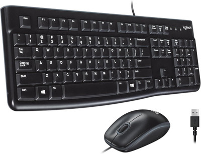 An overhead, angled product shot of the black Logitech MK120 wired keyboard and mouse combo against a white background.

The full-sized keyboard is positioned at the top, angled slightly to the right, showing low-profile keys, a standard QWERTY layout, a full numeric keypad, and a curved bottom edge. A black USB cable extends from the top center. Below and to the right sits a matching black, contoured optical mouse with a gray scroll wheel and a cord extending from the front. An isolated close-up of a standard male USB-A connector is shown vertically on the far right.