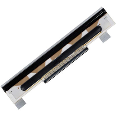 A top-down product photograph of an IBM/Toshiba 44D0189 thermal printhead assembly, positioned diagonally against a solid white background. The component features a long, narrow black heating element running parallel to a ceramic and circuit board base with visible copper tracings. A centered multi-pin data connector ribbon and two metal mounting tabs on the outer edges extend from the main body.