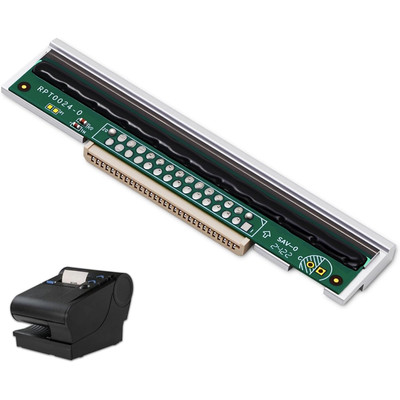 An e-commerce product image displaying a replacement thermal printhead component alongside a compatible printer, isolated against a solid white background. The printhead assembly is positioned diagonally at the top, showing its green printed circuit board (PCB) mounted onto a rigid metallic silver base. The PCB features visible text markings including "RPT0024-0" and "SAV-0 2422", rows of circular silver soldering pads, a thick black protective coating strip over the heating elements, and a long cream-colored multi-pin data connector extending from the center edge. In the bottom left corner, a small inset graphic shows a compatible compact, black point-of-sale receipt printer with a roll of white paper loaded inside.