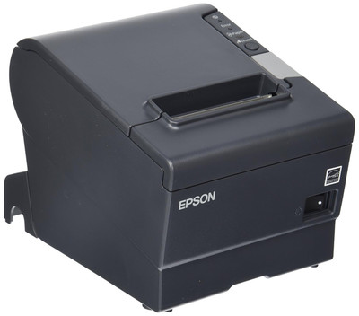 A high-angle, front-left three-quarter perspective view of a dark gray Epson TM-T88V thermal receipt printer on a white background. The image displays the recessed top paper exit slot, a light gray cover-open lever, and a vertical control panel on the upper right featuring labeled status indicators (Power, Error, Paper) and a Feed button. The white Epson logo and an Energy Star badge are visible on the front panel, alongside a mechanical power toggle switch on the lower right.