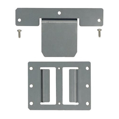 Top-down product layout view of the complete Epson OT-WH30 wall hanging bracket kit contents on a white background, displaying a T-shaped gray metal mounting fixture at the top flanked by two silver screws, and the rectangular gray metal main bracket plate directly below it.