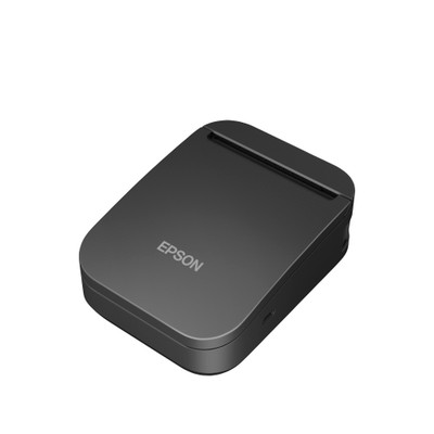 An isometric, high-angle studio shot of the black Epson Mobilink TM-P80II mobile wireless receipt printer (MPN: C31CK00001) positioned diagonally against a pure white background. This perspective highlights both the top face and the right profile of the device, clearly displaying the silver EPSON logo, the serrated tear bar inside the horizontal paper-exit slot, and the small USB-C charging port on the lower side panel.