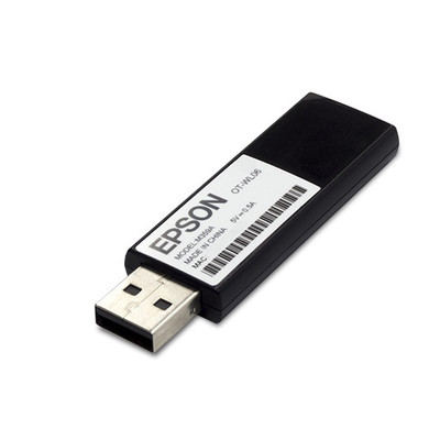 An angled, high-resolution product shot of a black Epson OT-WL06 Wireless LAN USB adapter dongle isolated on a solid white background.