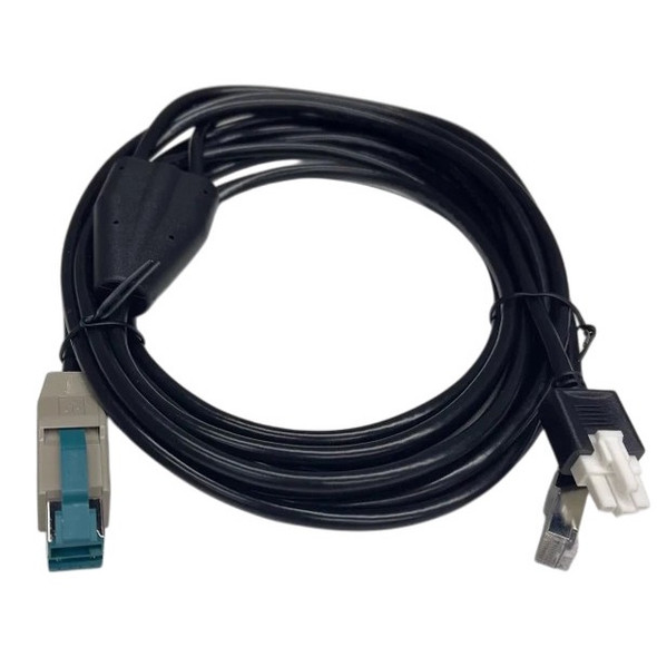Coiled black Datalogic 15-foot IBM PoweredUSB straight interface cable (8-0863-05) showing POS terminal and scanner connector ends.