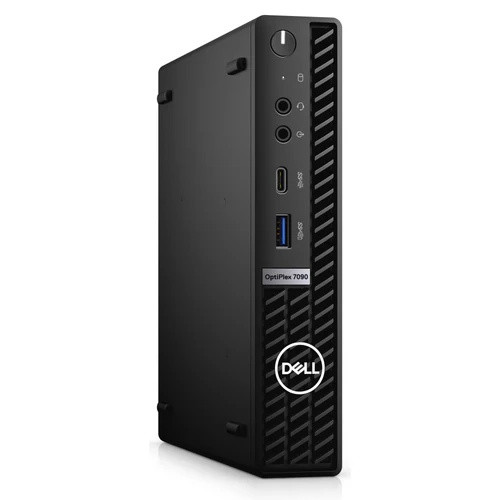 A three-quarter view from the right side of a Dell OptiPlex 7090 Micro PC. The image highlights the compact, slim chassis design and the front-facing ports. The unit is standing vertically, showcasing the matte black finish and the "OptiPlex 7090" model branding.