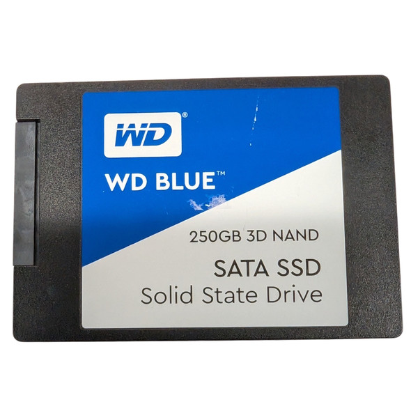 Top view of the Western Digital Blue 250GB 3D NAND 2.5-inch SATA III solid state drive featuring the blue and white WD logo branding.