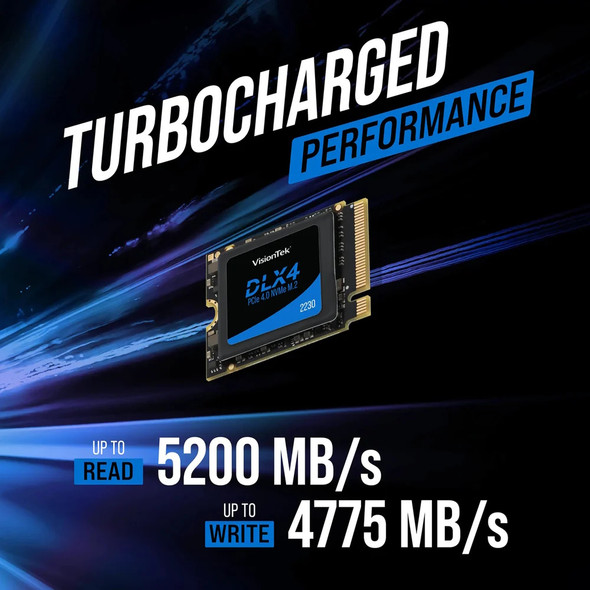 VisionTek DLX4 M.2 2230 PCIe Gen 4x4 NVMe SSD shown on a futuristic blue and purple motion background with “2230 PCIe GEN 4x4” text displayed.