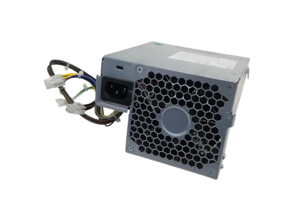 A rear-angled view of a silver HP 240W Switching Power Supply (model 659193-001) against a white background. The back panel is dominated by a large, circular cooling fan protected by a silver honeycomb-patterned grille. To the left of the fan is a black standard IEC C14 power input socket. On the far left, a bundle of colored power cables with white plastic connectors is visible, extending away from the main unit. The top surface of the metal chassis shows a portion of the white technical specification label.