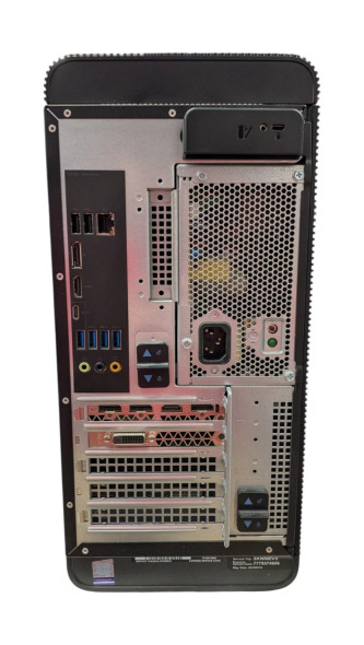 A rear-facing view of a Dell XPS 8930 desktop tower, showcasing the back I/O panel and expansion slots. The upper-left section features various ports, including multiple USB 3.1 and 2.0 ports, an Ethernet port, DisplayPort, HDMI, and audio jacks. To the right, a large honeycomb-mesh ventilation area houses the power supply unit with its three-prong power socket. Below the main I/O, a dedicated graphics card is visible with additional HDMI and DVI ports. The black chassis includes silver-colored screws and service tag information at the bottom.