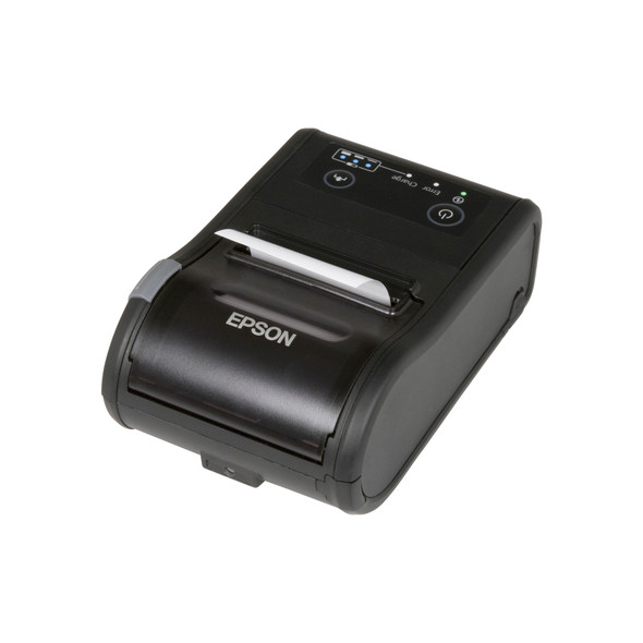 An angled, top-down view of a black Epson TM-P60II mobile receipt printer positioned against a white background. A small slip of white thermal paper is visible in the paper exit slot. The "EPSON" logo is printed on the curved, translucent top cover, which has a grey release lever on the side. The control panel with its power and feed buttons, along with blue and green LED indicator lights, is visible on the flat section of the device.