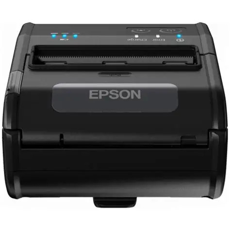 A top-down, straight-on view of the same black Epson portable printer. The Epson logo is centered on a semi-transparent window on the paper cover. Above the paper exit slot, the control panel is visible, featuring blue LED status lights for battery levels, connectivity, and power, alongside labeled indicators for "Error" and "Charge." The serrated edge of the paper cutter is visible within the output slot.