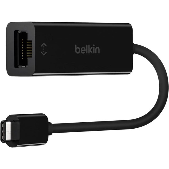 A black Belkin USB-C to Gigabit Ethernet adapter shown against a plain white background. The device consists of a small rectangular hub with an Ethernet (RJ45) port on one end, featuring the Belkin logo and a small connectivity icon on its matte surface. A short, flexible black cable extends from the hub and curves around to a USB-C connector.