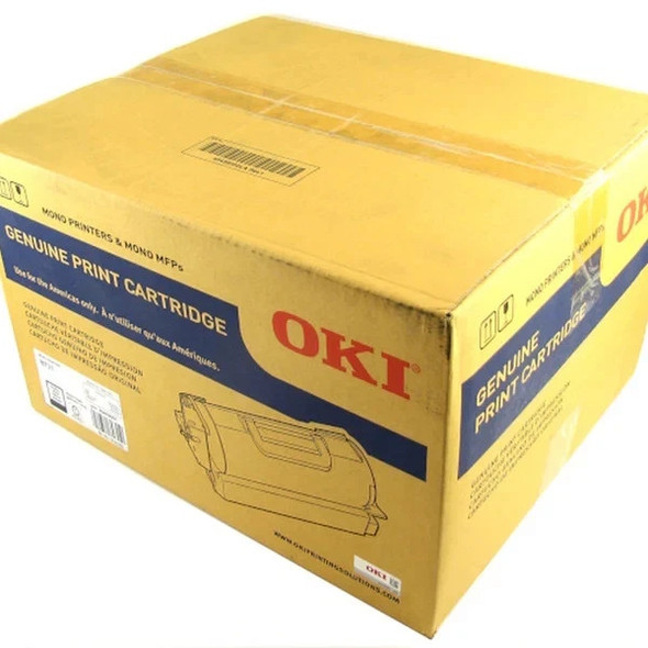 A yellow cardboard box for a genuine OKI toner cartridge, model 45439001. The box features the red OKI logo and a blue banner that reads "GENUINE PRINT CARTRIDGE" for mono printers and mono MFPs.