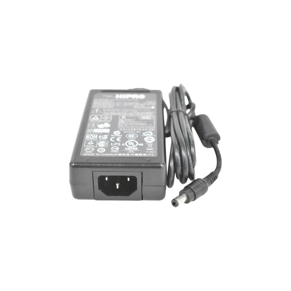 An eye-level shot from the front of a black HIPRO AC adapter on a white background. The front face of the rectangular block features a three-prong C14 power inlet. The top of the adapter displays a technical label with the HIPRO logo and various regulatory certifications. To the right, the attached DC power cable is neatly bundled, terminating in a standard barrel connector with a ferrite bead positioned near the end.