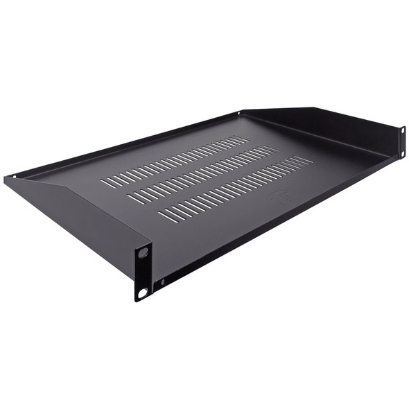 A high-angle, three-quarter perspective shot of a black, metal 1U vented cantilever server rack shelf on a white background, viewed from the opposite side as the previous image. The shelf features three columns of parallel ventilation slots for airflow and a subtle embossed logo on the right side of the tray. Two mounting ears with pre-drilled holes are positioned at the front corners for installation into a standard 19-inch rack. The side panels taper downward toward the front, and the rear of the shelf has a raised lip to secure equipment.