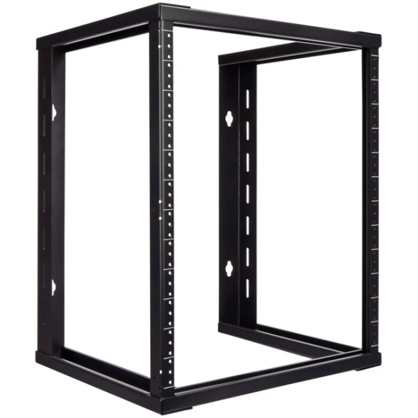 A three-quarter perspective shot of a black, metal 12U wall-mount open-frame server rack against a white background. The image shows the rack's depth and structural design, featuring vertical mounting rails at the front with threaded holes and white U-space markings. The side and rear panels include multiple keyhole cutouts for wall mounting and vertical slots for cable management. The open-frame construction allows for maximum airflow and easy access to hardware from all angles.
