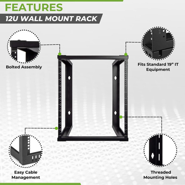 An infographic showcasing the features of a black, metal 12U wall-mount open-frame server rack. The central image shows a front-facing view of the rack, with four dashed lines leading to circular close-up callouts that highlight specific design elements:

Bolted Assembly: Shows a top corner joint secured with hardware.

Fits Standard 19” IT Equipment: Displays the top of a mounting rail, confirming compatibility with standard rack-mount gear.

Easy Cable Management: Highlights the open-frame base and side rails that allow for versatile cable routing.

Threaded Mounting Holes: Close-up of the vertical rail showing pre-threaded holes and a keyhole cutout for wall mounting.

The top of the image features a green and black banner with the text "FEATURES 12U WALL MOUNT RACK."