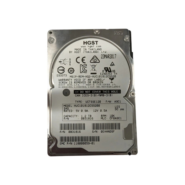 A top-down, straight-on shot of an HGST Ultrastar 1.2TB SAS hard drive on a white background. The 2.5-inch small form factor drive features a metallic silver casing with a large white technical label.

The label includes the HGST logo, the model number HUC101812CSS200, and a manufacture date of 23MAR2017. Key specifications listed include a capacity of 1.2 TB, a spindle speed of 10K RPM, and a SAS interface. Multiple barcodes and regulatory certification icons, such as CE and UL, are visible across the lower half of the label. A warning note near the center reads "DO NOT COVER THIS HOLE" next to a small circular breather port.