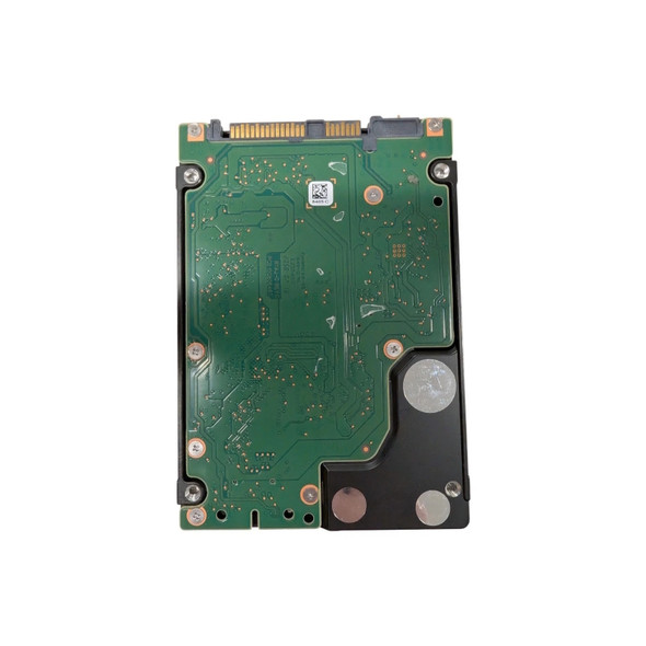 A top-down, straight-on shot of the underside of a Dell 1.8TB SAS hard drive on a white background. This 2.5-inch drive features a large green printed circuit board (PCB) covering the majority of the surface, showing gold-toned circuitry and various contact points. At the top, the gold SAS interface connector is visible. The lower-right portion of the drive consists of a black metal casing with three silver circular accents. The assembly is secured by several small screws, and a small white QR code sticker is centered on the upper portion of the PCB.