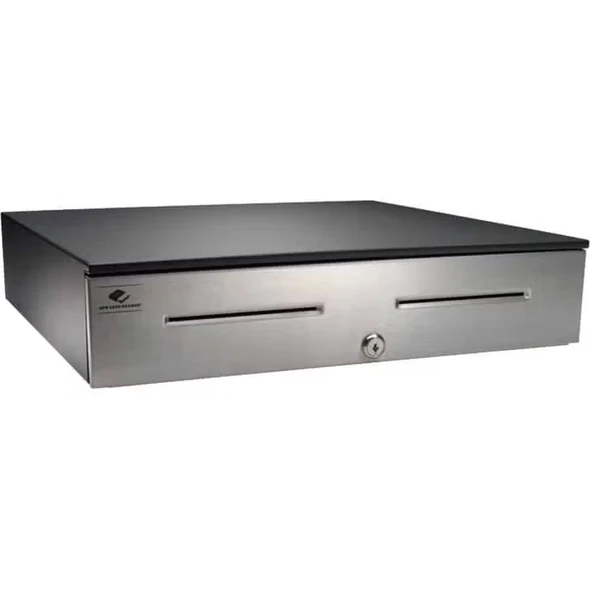 A three-quarter perspective view of an APG 4000 Series heavy-duty cash drawer, angled from the left to show the depth and front profile.

Front Panel: The drawer face is made of brushed stainless steel, featuring two horizontal media slots and a centered circular key lock at the base. The APG Cash Drawer logo is printed on the far left.

Chassis: The top and side panels are finished in a solid matte black, highlighting the unit's sturdy, rectangular construction.

Composition: The image is set against a plain white background, emphasizing the contrast between the metal front and the dark housing.