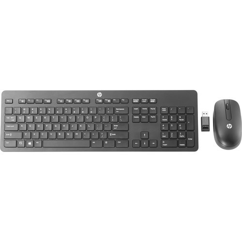 A top-down view of the HP Slim Wireless Keyboard and Mouse (T6L04UT) set against a white background.

The image includes:

Wireless Keyboard: A full-size, slim-profile keyboard in matte black. It features a standard QWERTY layout with chiclet-style keys, a dedicated numeric keypad, and a row of function keys at the top. A small, circular silver HP logo is centered above the main keys.

Wireless Mouse: A matching matte black optical mouse with a symmetrical, ergonomic design. It has two main buttons, a central scroll wheel, and a silver HP logo on the palm rest.

USB Receiver: A small black USB nano-receiver is positioned between the keyboard and mouse, used for connecting both devices wirelessly to a computer.

The overall design is minimalist and professional, emphasizing a clean, cable-free workspace.