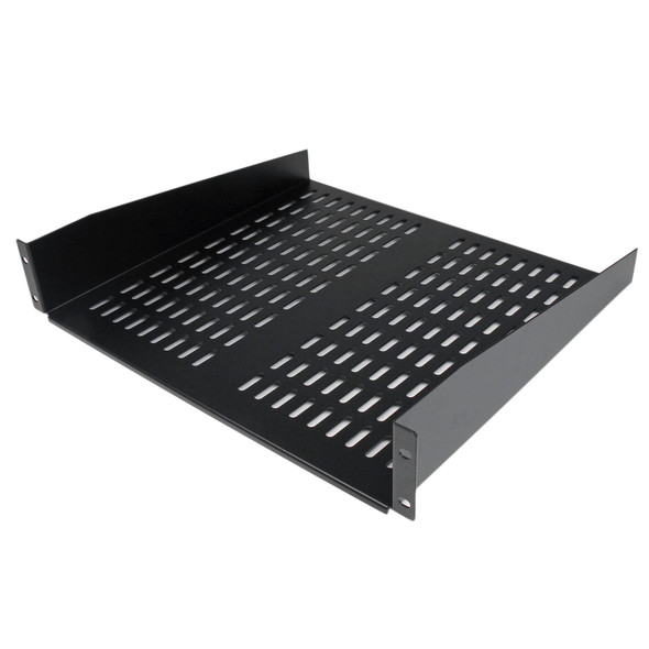 A rear-angled perspective view of a StarTech 2U Universal Vented Rack Shelf (CABSHELFV), showcasing the back and side profiles of the unit.

The image illustrates the following:

Rear Lip: A vertical metal flange at the back of the shelf acts as a backstop to prevent equipment from sliding off.

Vented Surface: Two distinct grids of elongated ventilation slots are visible across the flat tray, designed to facilitate passive cooling for mounted hardware.

Mounting Brackets: The integrated side brackets extend toward the front, featuring pre-drilled holes for standard 2U rack mounting.

Material: The shelf is constructed from sturdy, matte black cold-rolled steel.

The component is shown against a plain white background, highlighting its clean lines and industrial design.