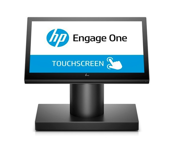 Front view of an HP Engage One Pro all-in-one retail terminal. The screen displays the HP logo and "Engage One" text above a blue banner that reads "TOUCHSCREEN" with a hand icon. The device is sleek and black with a rectangular base.
