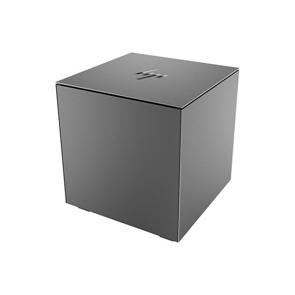 A three-quarter perspective view from the side of the HP Engage thermal receipt printer. The image highlights the device's compact, cubic form factor and matte black finish. The modern HP logo is visible on the top surface, and the clean lines emphasize its minimalist design. The printer is shown isolated on a white background.