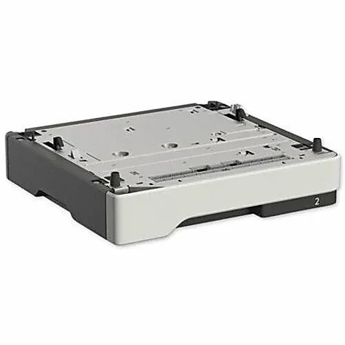 A three-quarter view from the front-left of a Lexmark 250-sheet paper tray (model 36S2910). The image shows the white front panel and the dark gray side chassis. The top surface features a metal plate with various cutouts and black plastic alignment pins used for mounting a printer on top. A small white number "2" is visible on the bottom right corner of the dark gray front-loading section.