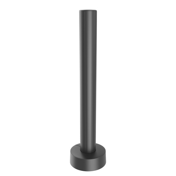 A professional studio shot of a black Havis mounting pole against a white background. The pole is vertically oriented with a smooth, extruded texture featuring subtle vertical lines. It is seated in a thick, rounded circular base plate cover that conceals the mounting hardware for a clean, industrial look.