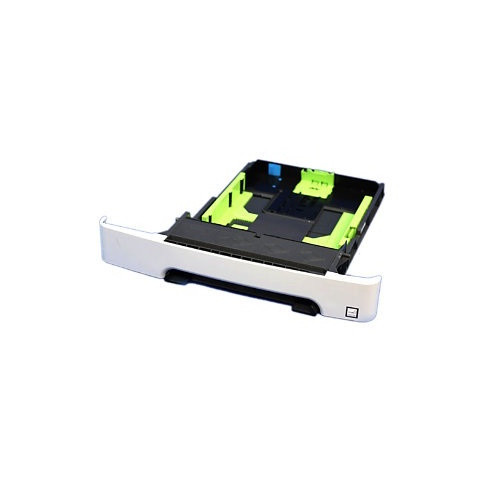 A low-angle, front-facing view of a Lexmark 250-sheet printer tray (40X7645) against a white background. The front of the tray features a clean, white plastic bezel with a curved handle design and a small square icon on the bottom right corner. The interior of the tray is made of black plastic, featuring bright lime-green adjustable paper length and width guides. The tray is shown slightly tilted, emphasizing the depth of the unit and the mechanical sliding components used for paper alignment.