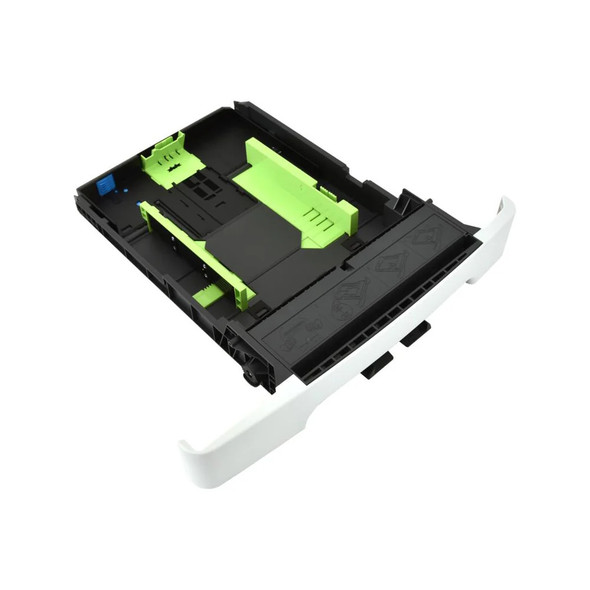 An angled, top-down view of a Lexmark 250-sheet printer tray (part number 40X7645) against a plain white background. The tray consists of a black plastic rectangular frame with a white front handle panel. Inside the tray, there are bright lime-green adjustable paper guides for setting width and length. On the black interior surface, there are embossed diagrams illustrating proper paper loading techniques and orientation. Small blue plastic accents are visible near the rear gear mechanism. The unit is shown at a slight diagonal angle, highlighting the internal sliding components and the curved design of the white front bezel.