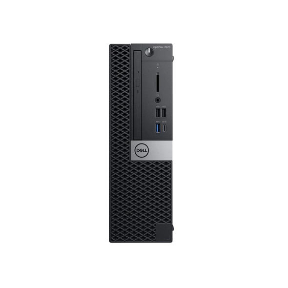 A front-facing, studio shot of a Dell OptiPlex 7070 Small Form Factor (SFF) desktop computer. The chassis is primarily black with a distinctive diamond-patterned mesh grille covering the left half of the front panel.

Front Panel Features:

Upper Section: Contains the power button and "OptiPlex 7070" branding.

Vertical Drive Bay: A slim optical disc drive is positioned vertically next to the mesh section.

I/O Ports: A vertical row includes an SD card reader, a universal audio jack, two USB 2.0 ports, one USB 3.1 Gen 1 port, and one USB 3.1 Gen 2 Type-C port.

Branding: A silver square plate featuring the circular Dell logo is located in the center, transitioning between the mesh and the smooth I/O panel.

The unit is oriented vertically against a seamless white background.